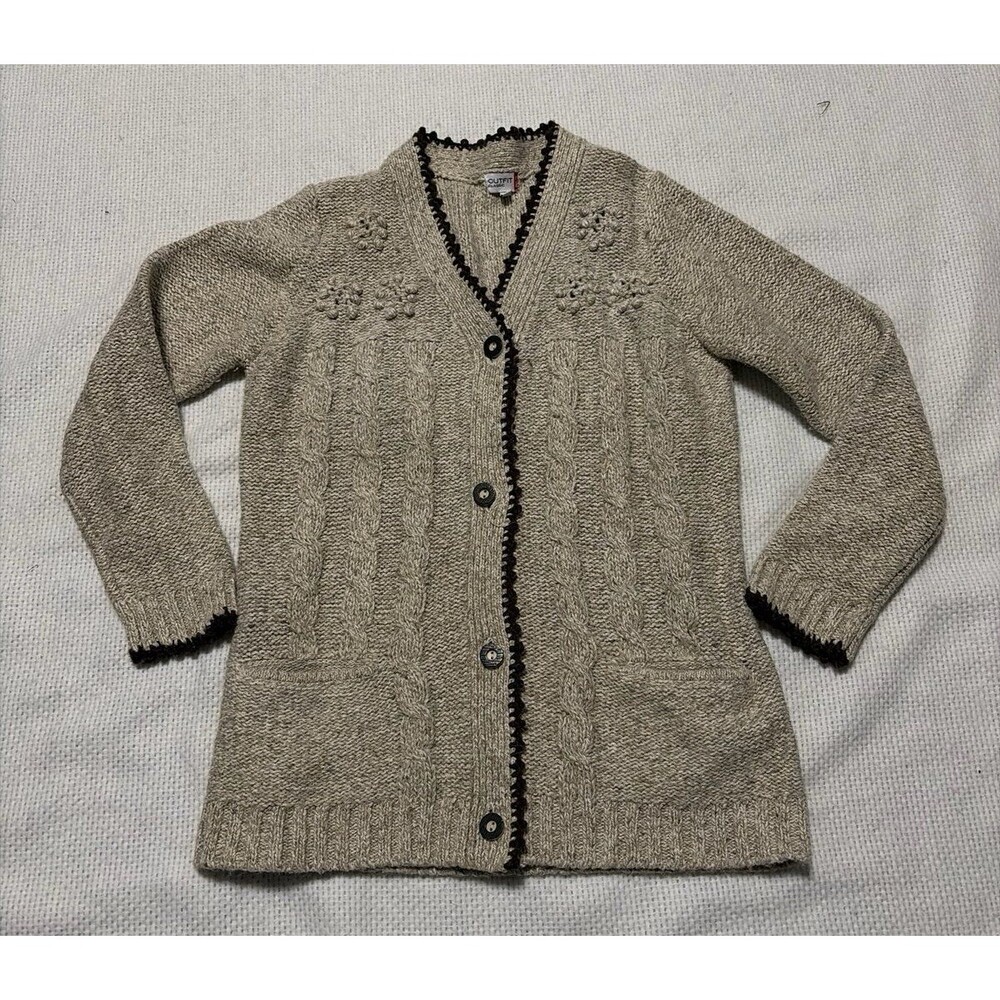 Vintage Outfit Classic Knit Cardigan Sweater Size 42 Beige Cable Knit Floral